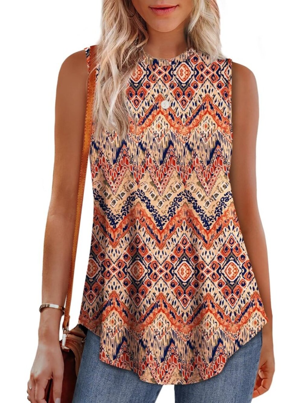 Women's Pattern Boho Print High Neck Tank Loose Fit Sleeveless Summer Tunic Tops